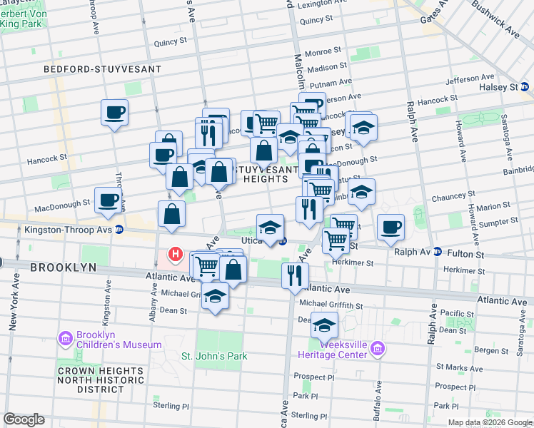 map of restaurants, bars, coffee shops, grocery stores, and more near 103 Chauncey Street in Brooklyn