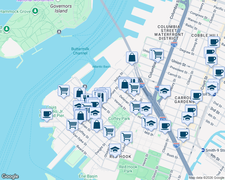 map of restaurants, bars, coffee shops, grocery stores, and more near 276 Van Brunt Street in Brooklyn