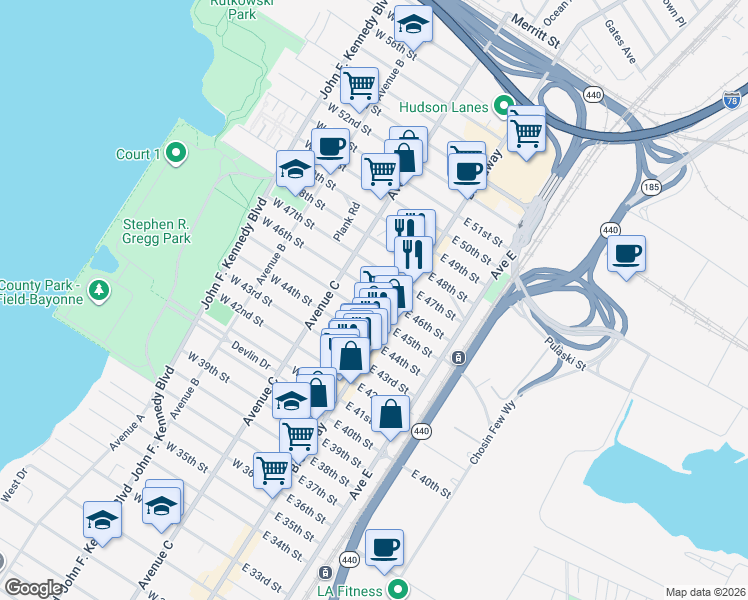 map of restaurants, bars, coffee shops, grocery stores, and more near 24 West 45th Street in Bayonne