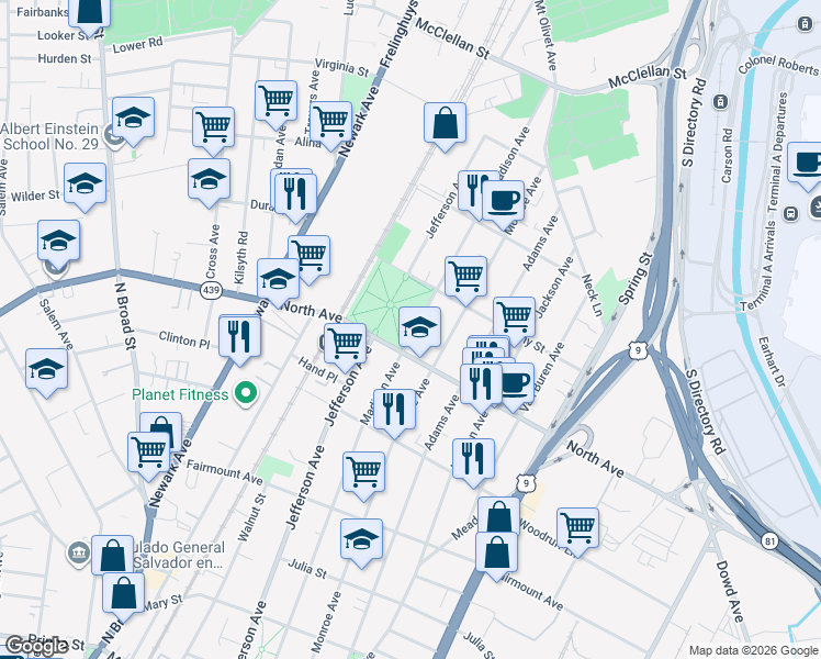 map of restaurants, bars, coffee shops, grocery stores, and more near 1104 North Avenue in Elizabeth