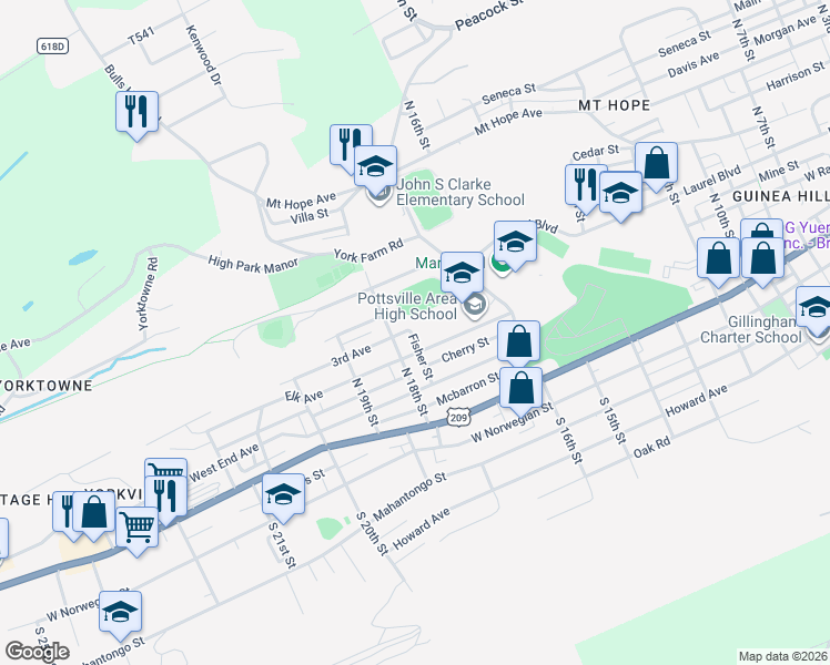 map of restaurants, bars, coffee shops, grocery stores, and more near 232 North 18th Street in Pottsville