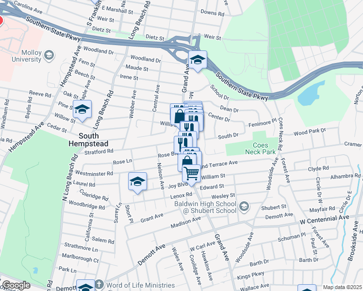 map of restaurants, bars, coffee shops, grocery stores, and more near 688 Rose Boulevard in Baldwin