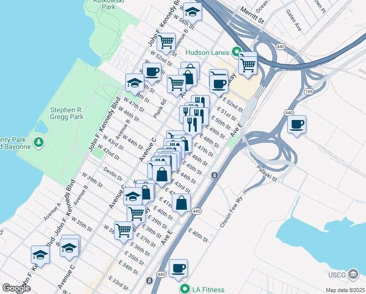 map of restaurants, bars, coffee shops, grocery stores, and more near 957 Broadway in Bayonne