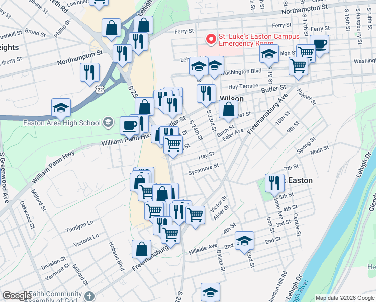map of restaurants, bars, coffee shops, grocery stores, and more near 2465 Hay Street in Easton