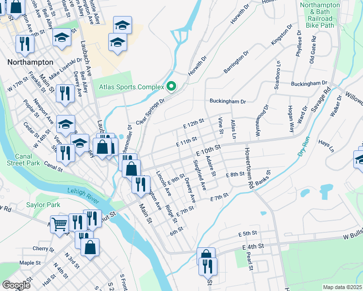 map of restaurants, bars, coffee shops, grocery stores, and more near 348 East 11th Street in Northampton