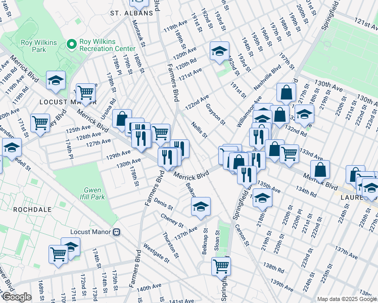 map of restaurants, bars, coffee shops, grocery stores, and more near 130-29 180th Street in Queens