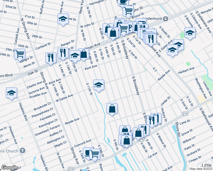 map of restaurants, bars, coffee shops, grocery stores, and more near 335 South 8th Street in Lindenhurst