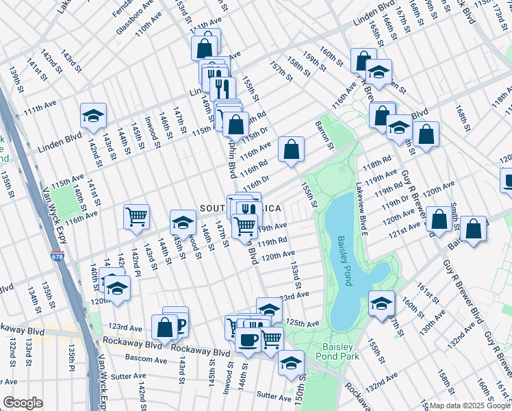 map of restaurants, bars, coffee shops, grocery stores, and more near 150-24 118th Avenue in Queens