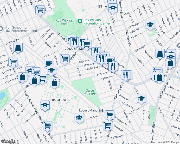 map of restaurants, bars, coffee shops, grocery stores, and more near 174-63 129th Avenue in Queens
