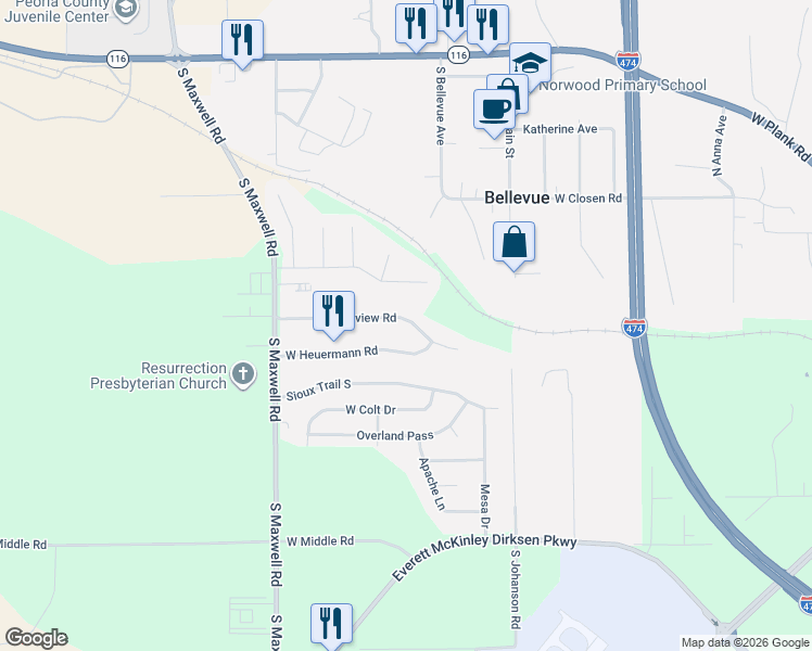 map of restaurants, bars, coffee shops, grocery stores, and more near 5803 West Heuermann Road in Peoria