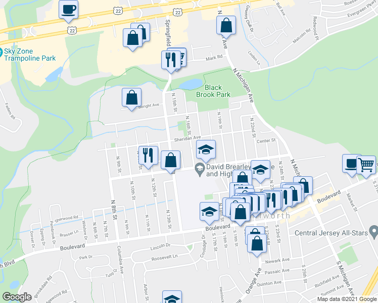 map of restaurants, bars, coffee shops, grocery stores, and more near 226 North 16th Street in Kenilworth