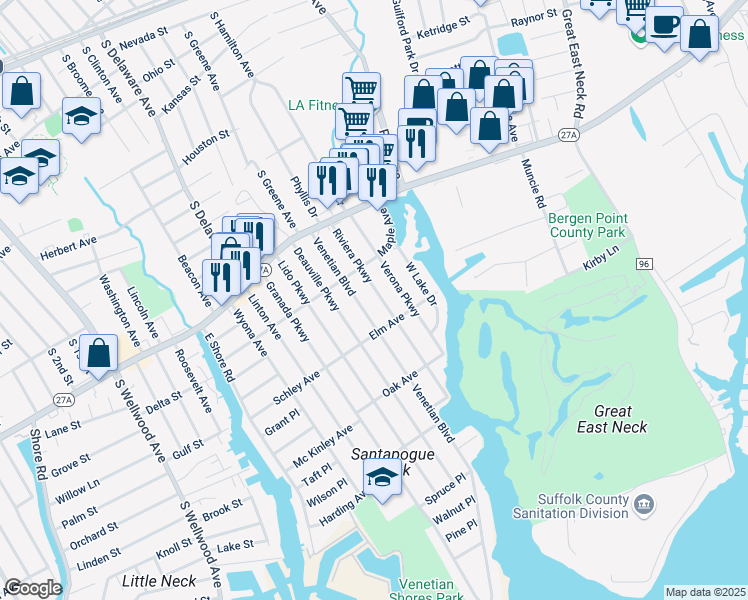 map of restaurants, bars, coffee shops, grocery stores, and more near 130 Venetian Boulevard in Lindenhurst