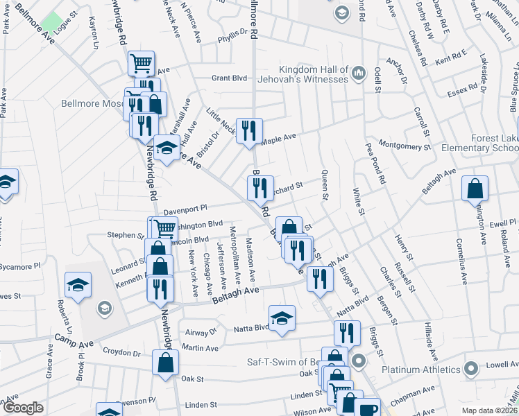 map of restaurants, bars, coffee shops, grocery stores, and more near 2 Floral Place in North Bellmore