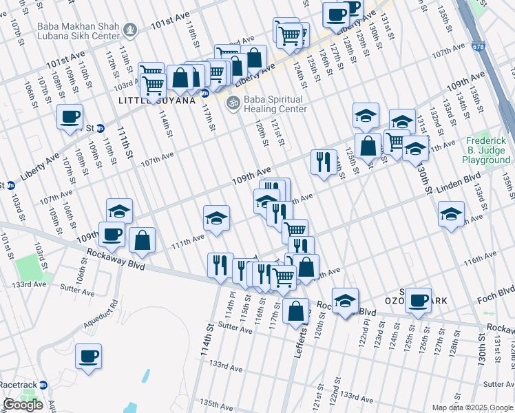 map of restaurants, bars, coffee shops, grocery stores, and more near 111 118th Street in Queens