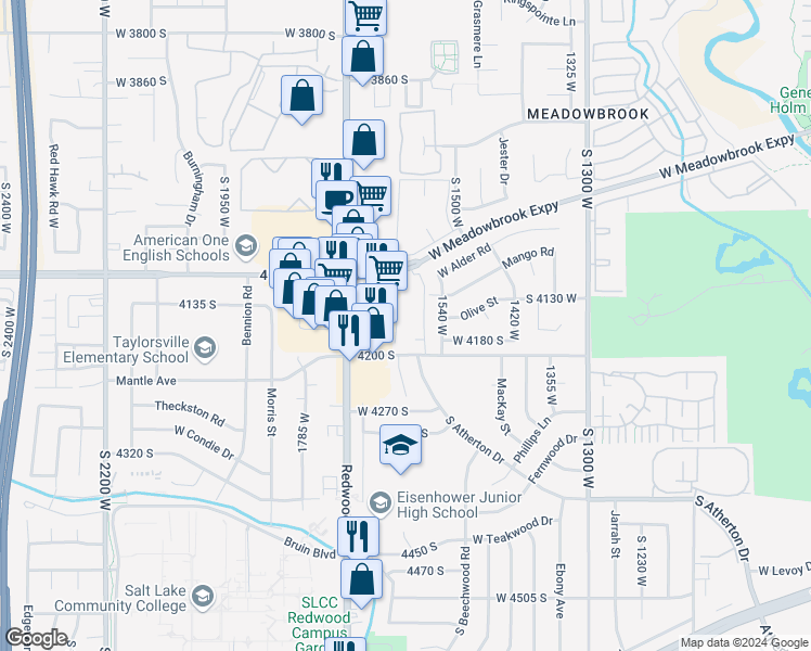 map of restaurants, bars, coffee shops, grocery stores, and more near 4148 South Oak Meadows Drive in Taylorsville