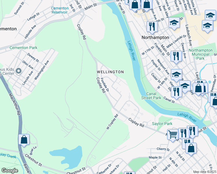 map of restaurants, bars, coffee shops, grocery stores, and more near 5022 Foxdale Drive in Lehigh County
