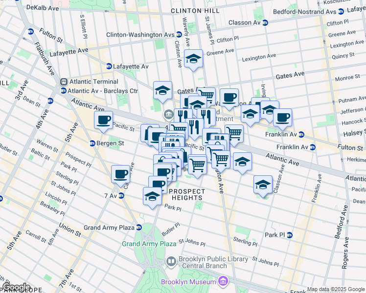 map of restaurants, bars, coffee shops, grocery stores, and more near 717 Dean Street in Brooklyn