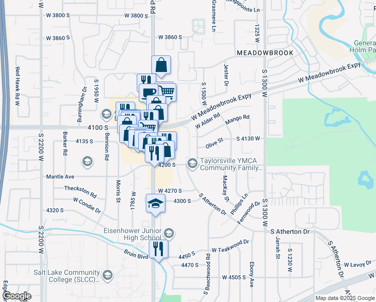 map of restaurants, bars, coffee shops, grocery stores, and more near 4148 South Oak Meadows Drive in Taylorsville