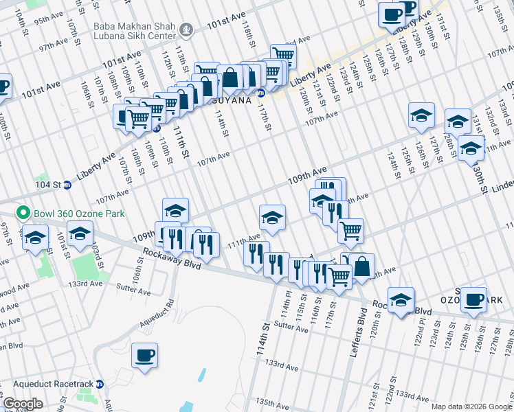 map of restaurants, bars, coffee shops, grocery stores, and more near 109-43 114th Street in Queens