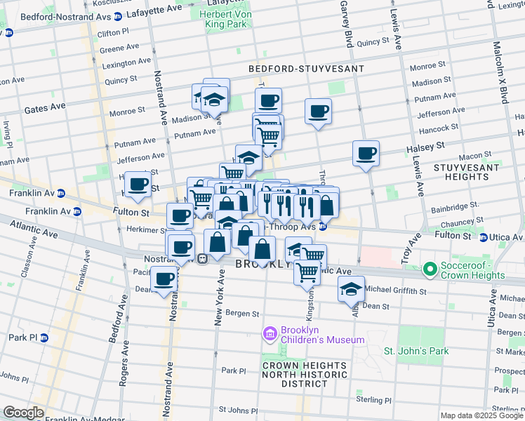 map of restaurants, bars, coffee shops, grocery stores, and more near 1422 Fulton Street in Brooklyn
