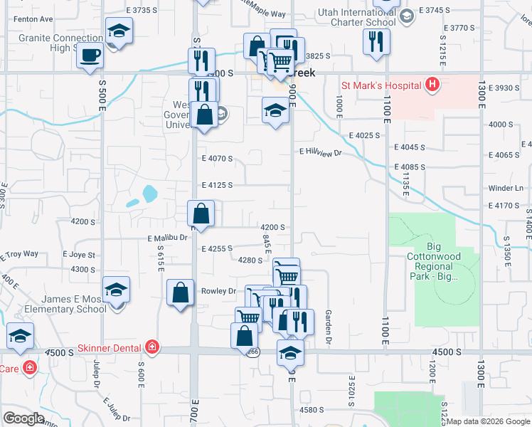 map of restaurants, bars, coffee shops, grocery stores, and more near 848 East 4170 South in Millcreek