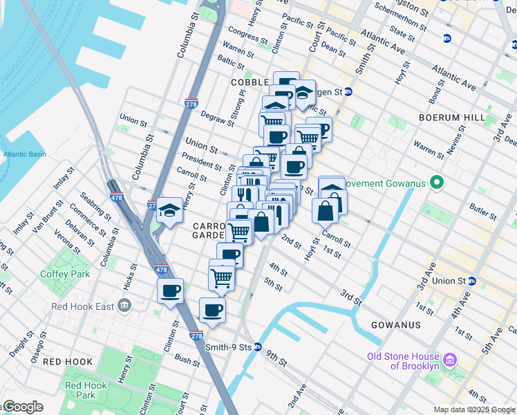map of restaurants, bars, coffee shops, grocery stores, and more near 398 Court Street in Brooklyn