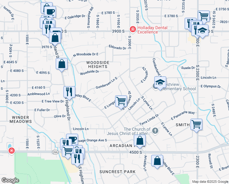 map of restaurants, bars, coffee shops, grocery stores, and more near 1922 East Olympus Grove Lane in Holladay