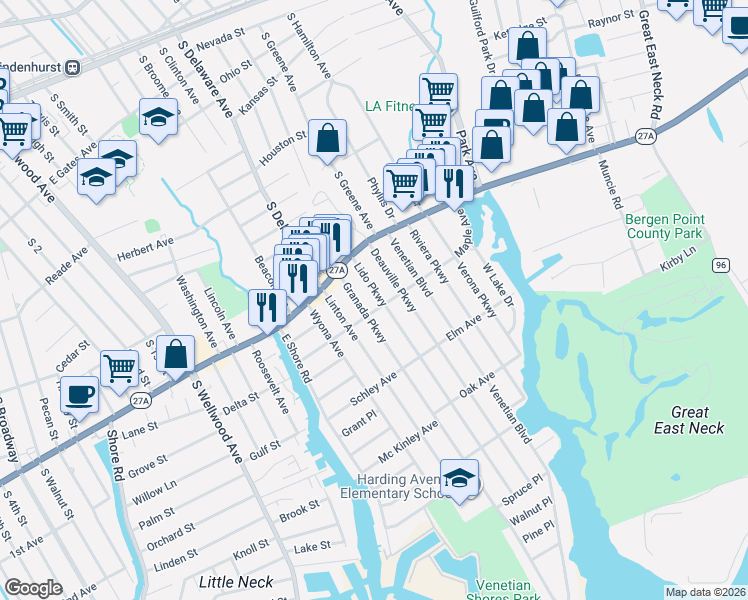 map of restaurants, bars, coffee shops, grocery stores, and more near 105 Lido Parkway in Lindenhurst