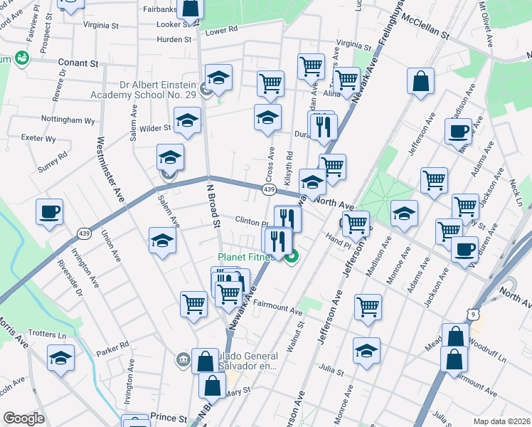 map of restaurants, bars, coffee shops, grocery stores, and more near 1252 Clinton Place in Elizabeth