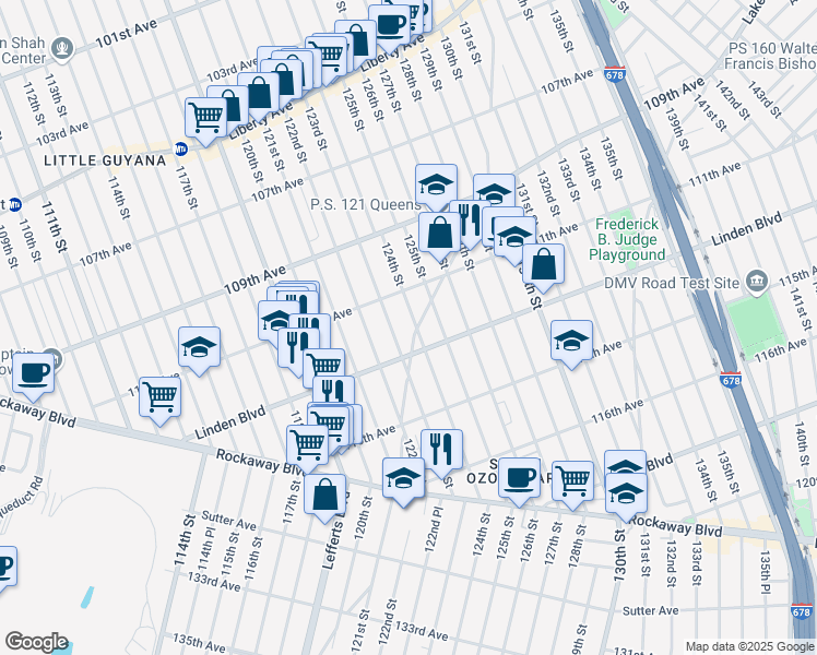 map of restaurants, bars, coffee shops, grocery stores, and more near 111-36 124th Street in Queens