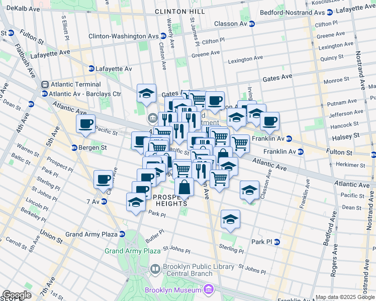 map of restaurants, bars, coffee shops, grocery stores, and more near 893 Pacific Street in Brooklyn