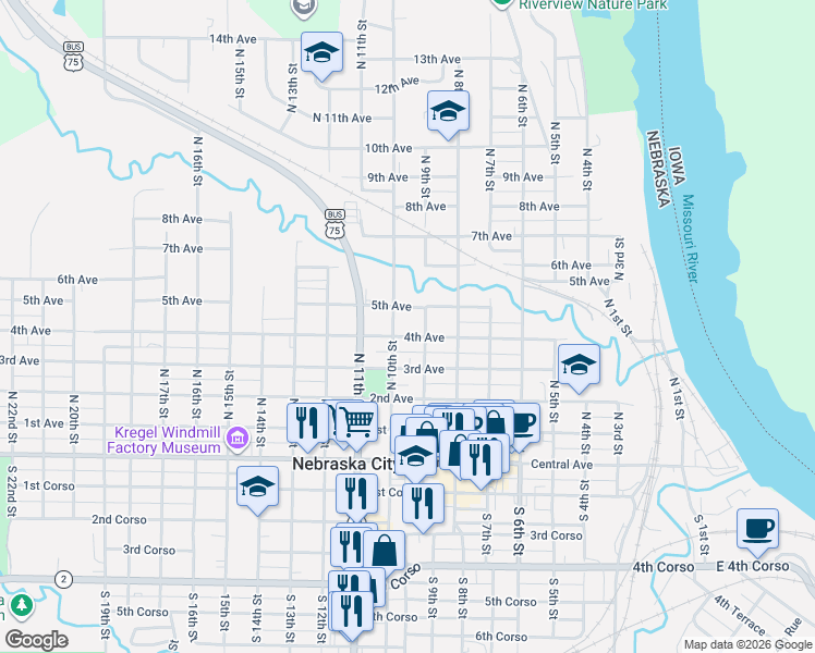 map of restaurants, bars, coffee shops, grocery stores, and more near 410 North 10th Street in Nebraska City