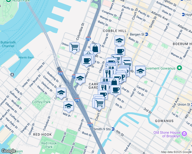 map of restaurants, bars, coffee shops, grocery stores, and more near 44 1st Place in Brooklyn