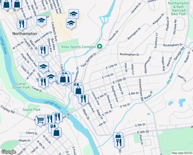 map of restaurants, bars, coffee shops, grocery stores, and more near 317 East 11th Street in Northampton