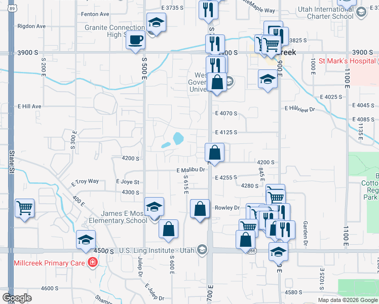 map of restaurants, bars, coffee shops, grocery stores, and more near 4145 South 635 East in Murray
