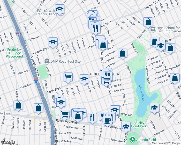 map of restaurants, bars, coffee shops, grocery stores, and more near 146-14 Foch Boulevard in Queens