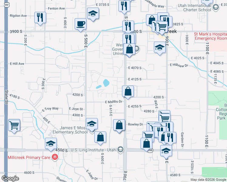 map of restaurants, bars, coffee shops, grocery stores, and more near 4143 South 635 East in Murray