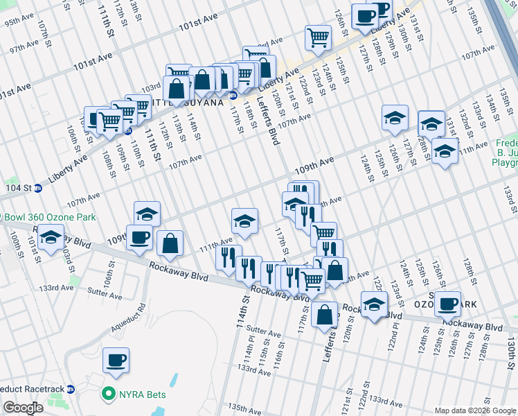 map of restaurants, bars, coffee shops, grocery stores, and more near 109-29 116th Street in Queens
