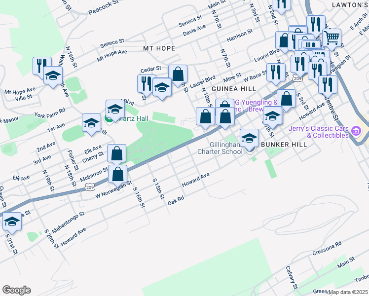 map of restaurants, bars, coffee shops, grocery stores, and more near 1305 West Market Street in Pottsville