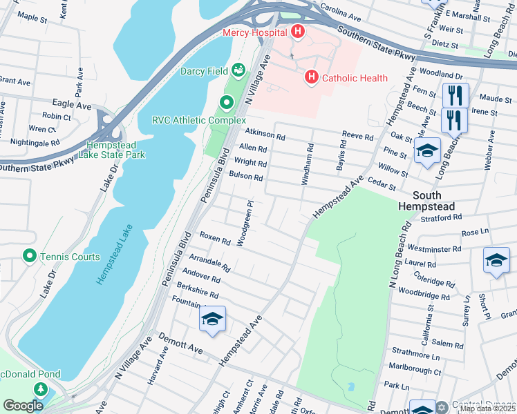 map of restaurants, bars, coffee shops, grocery stores, and more near 58 Canterbury Road in Rockville Centre