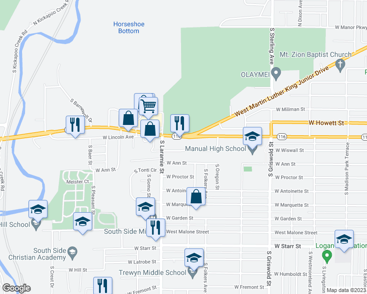map of restaurants, bars, coffee shops, grocery stores, and more near 3007 West Wiswall Street in Peoria