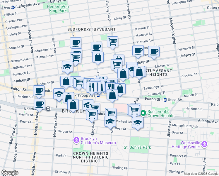 map of restaurants, bars, coffee shops, grocery stores, and more near 110 Decatur Street in Brooklyn