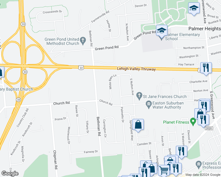 map of restaurants, bars, coffee shops, grocery stores, and more near White Barn Lane in Easton
