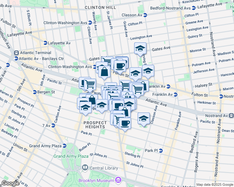 map of restaurants, bars, coffee shops, grocery stores, and more near 599 Washington Avenue in Brooklyn