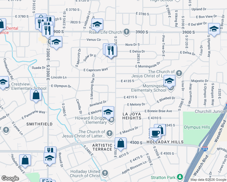 map of restaurants, bars, coffee shops, grocery stores, and more near 4207 Rowland Drive in Holladay