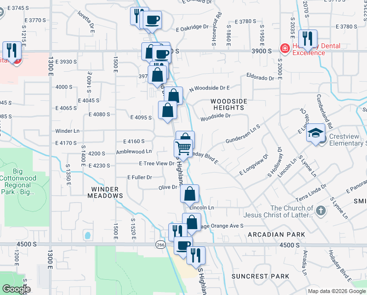 map of restaurants, bars, coffee shops, grocery stores, and more near 4212 Highland Drive in Millcreek
