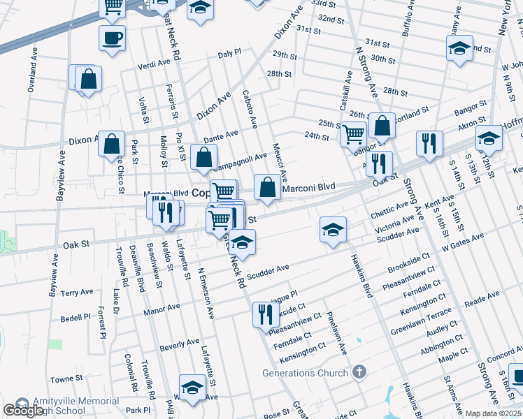 map of restaurants, bars, coffee shops, grocery stores, and more near 526 Oak Street in Copiague