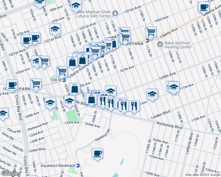 map of restaurants, bars, coffee shops, grocery stores, and more near 107-59 108th Street in Queens
