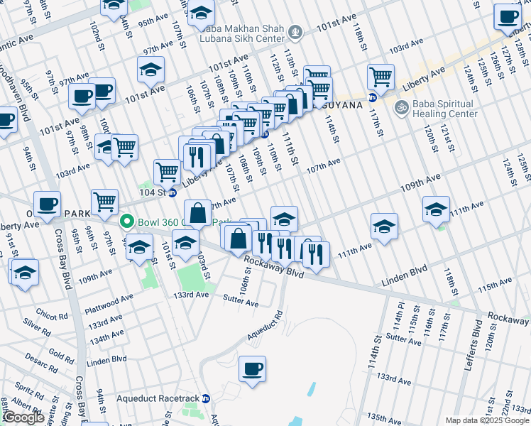 map of restaurants, bars, coffee shops, grocery stores, and more near 107-59 108th Street in Queens