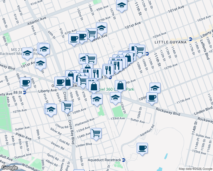 map of restaurants, bars, coffee shops, grocery stores, and more near 100-07 Rockaway Boulevard in Queens